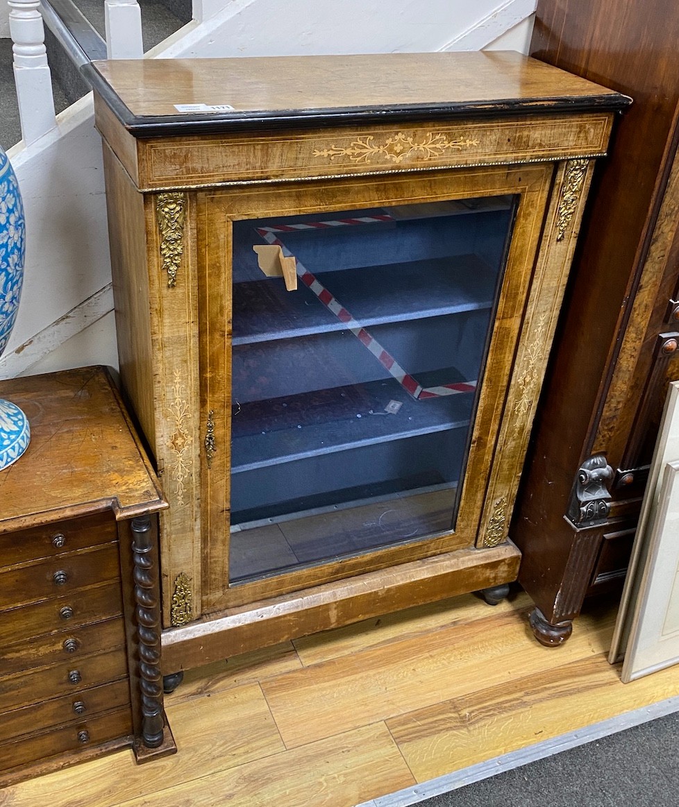 A Victorian marquetry inlaid gilt metal mounted walnut pier cabinet, width 75cm, depth 30cm, height 107cm
